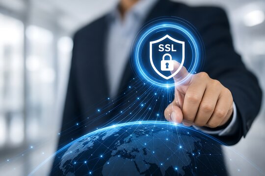 Businessman touching digital globe icon with secure ssl certificate protection