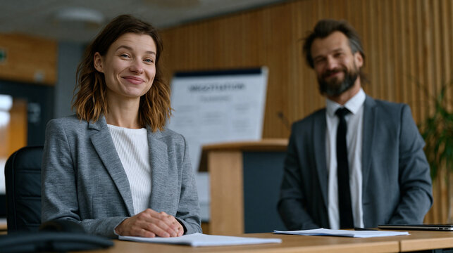 Two employees practice salary negotiation roleplay in empty HR training room, one playing manager from behind desk, other standing with prepared notes, flip chart showing negotiation framework visib