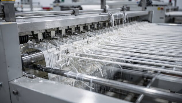 Medium shot capturing cutting equipment slicing crimped staple fiber tops into uniform lengths emphasizing precision and automation in fiber manufacturing.