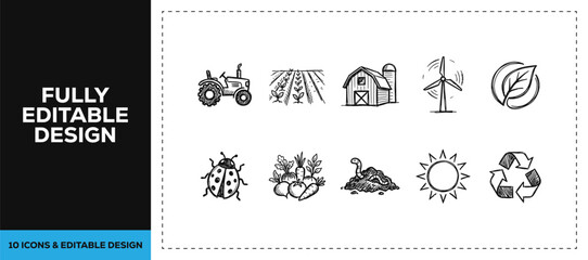 Black ink scribble hand drawn farming and eco nature icon set bundle featuring tractor barn and windmill for sustainable agriculture branding and organic vector sketch doodles. © Graphics
