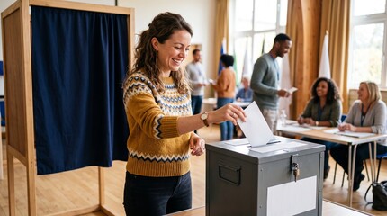 Woman Casting Ballot into Ballot Box at Polling Station During Election.