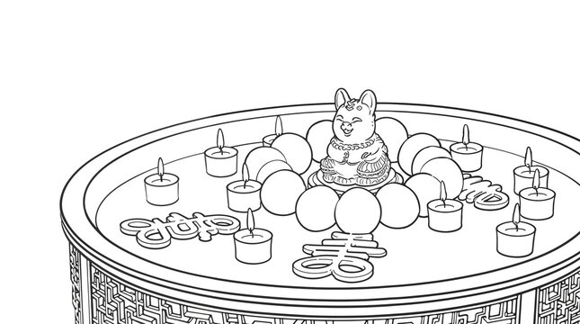 Round table with mooncakes, candles and rabbit figurine, Mid-Autumn Festival atmosphere and family coziness