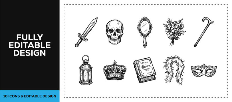 Black ink scribble hand drawn sword and skull icon set bundle featuring magic candle and crown for medieval fantasy and game design branding vector sketch doodles graphics art.