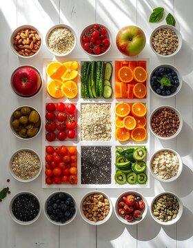 Assorted colorful spice powders in small bowls arranged on grid.