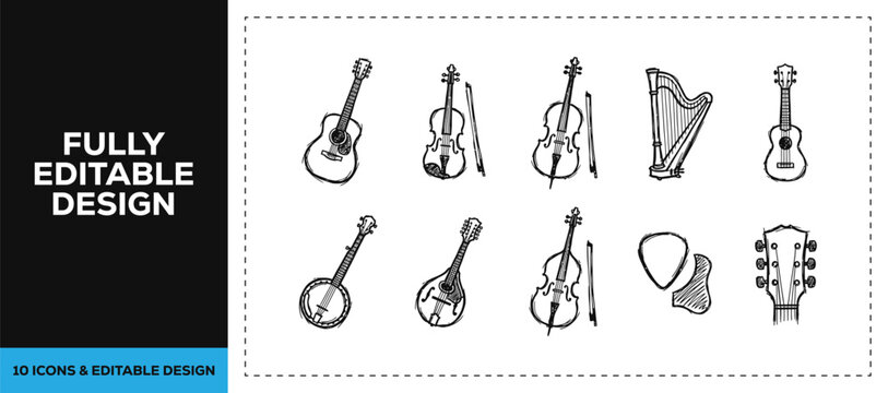 Black ink scribble hand drawn musical instruments icon set bundle featuring guitar violin harp and banjo for studio branding and acoustic music event vector sketch doodles art.