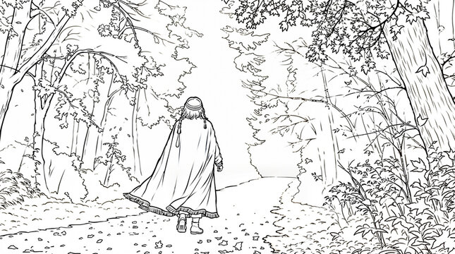 Solitary figure in cloak walking on forest path, mysterious Halloween celebration and mystical journey atmosphere