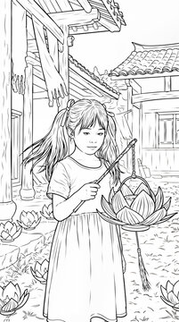 Girl with lotus and lantern in traditional dress on Asian street, Mid-Autumn Festival atmosphere and childhood happiness