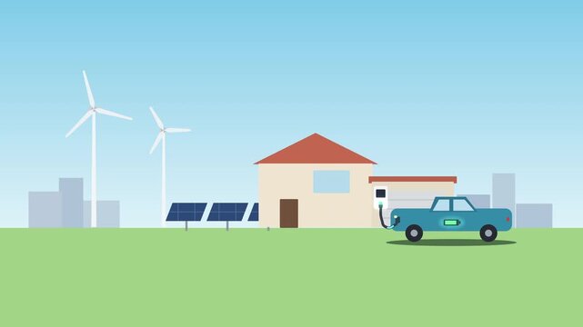 Electric car charging at smart home with solar panels and wind turbines, renewable energy powering home and vehicle