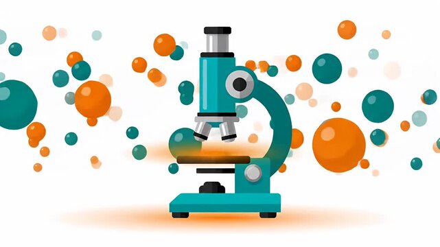 Flat vector teal microscope with abstract bubbles on white