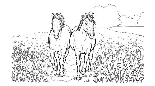 Two white horses running through blooming poppy field at sunset, freedom and summer nature celebration atmosphere