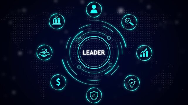Leader digital interface with business icons and world map leadership strategy