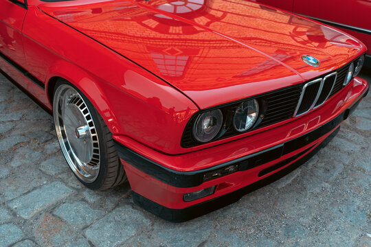 Berlin, Germany - May 3, 2026. Red BMW classic car detail at oldtimer exhibition.