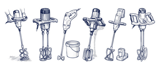 Construction paddle mixer vector illustration set of electric hand tools for mixing concrete paint mortar and plaster, hand drawn vintage engraving style isolated on white background. © Dinali