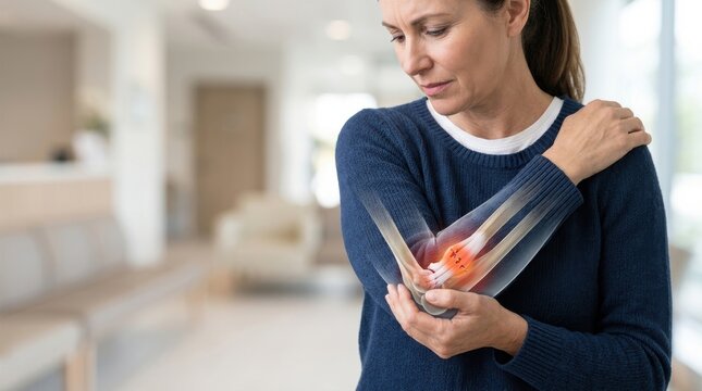 Woman experiencing elbow pain with visible inflammation and joint discomfort
