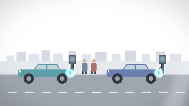 Electric cars parallel parking and charging on a city street with people standing nearby, urban transportation, city life, future mobility