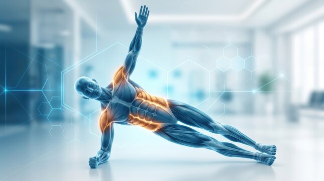 Anatomical human body model performing a side plank exercise with highlighted core muscles