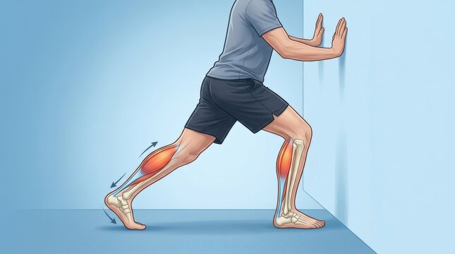 Man stretching calf muscles against a wall with anatomical illustration