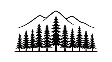 Obraz premium Black and White Line Drawing of Pine Forest and Mountain Peaks