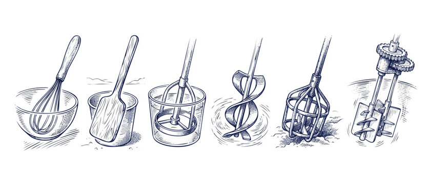 Mixing tool illustration set vintage blue ink sketch showing hand whisk, paddle, spiral agitator, and industrial drill mixer attachment tools in progress for indoor construction, baking, or painting.