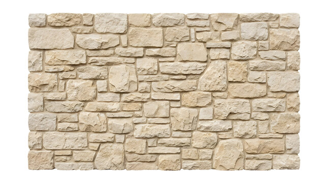 Rustic beige stone wall texture, natural limestone masonry background, decorative sandstone rock cladding isolated on white for architectural design