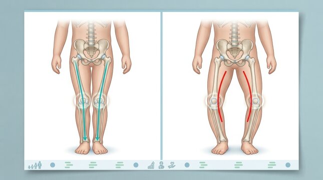 Comparison of normal leg alignment versus bow legs in a child's skeletal anatomy