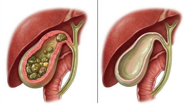 Gallstones before and after gallbladder removal surgery illustration