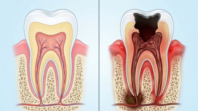 Dental cross-section showing healthy tooth versus decayed tooth with infection