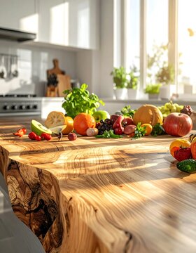 Fresh seasonal vegetables arranged on rustic wooden table in bright kitchen.