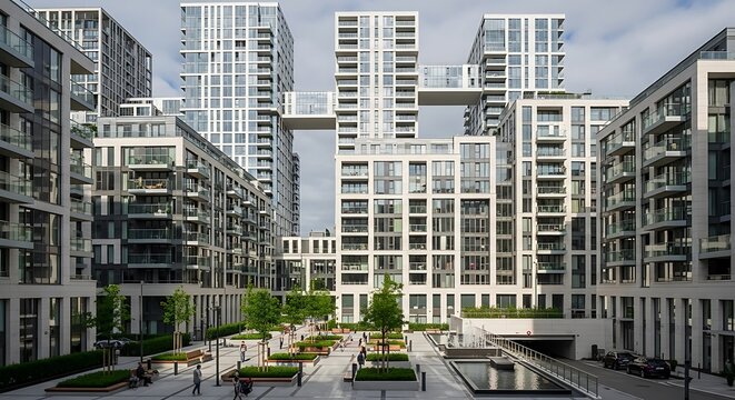 Modern urban residential high rise apartment buildings with balconies.