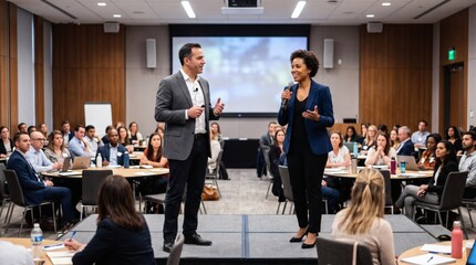Obraz premium Diverse business professionals engage in a lively presentation and discussion at a corporate conference event