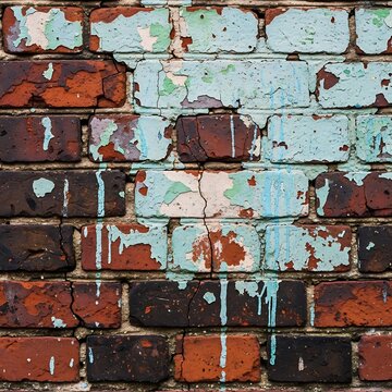 Close-up of weathered red brick wall with peeling paint.