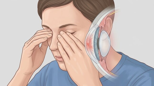 Man rubbing eyes with detailed anatomical illustration of eye condition