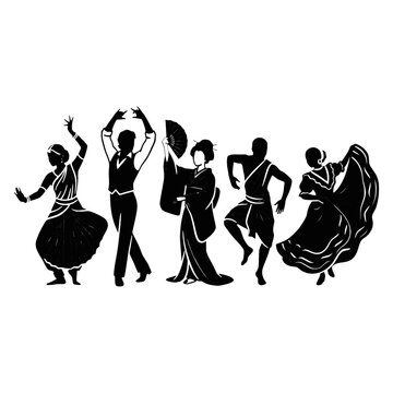 Group of people in traditional clothes dancing together isolated on transparent background