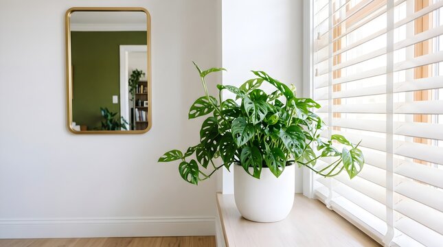 Monstera deliciosa plant on wooden table by window with blinds and gold mirror