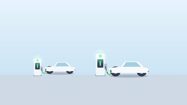 Two white electric cars parked and charging at charging stations, clean energy transportation, simple flat vector illustration