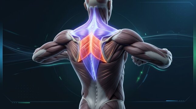 Anatomical illustration of the human trapezius muscle group highlighted