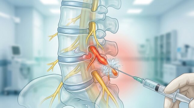 Medical illustration of spinal nerve injection for pain relief and sciatica treatment