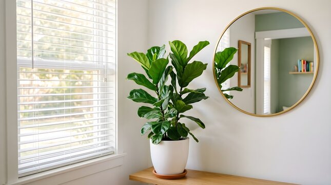 Fiddle leaf fig plant on wooden table by window with round mirror