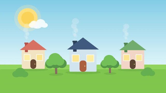 Pixel art cartoon neighborhood with three family houses, trees, sun, and clouds on a blue sky, ideal for children's content or game assets