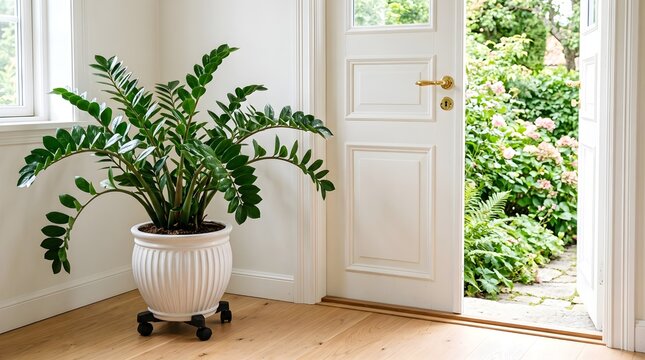Zamioculcas zamiifolia plant in a white pot by an open door