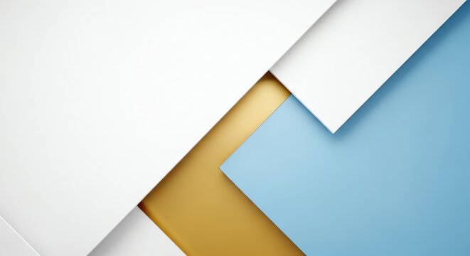 Abstract geometric background with overlapping white, gold, and blue planes