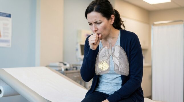 Woman coughing with illustration of lungs showing a tumor or infection