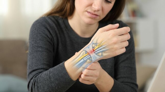 Woman experiencing wrist pain with anatomical illustration of carpal tunnel syndrome