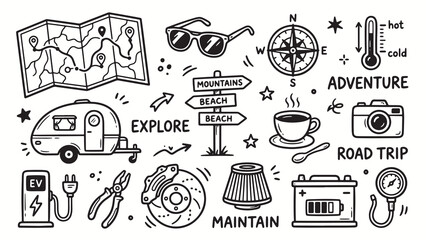 Black and white doodle icons of travel adventure and road trip essentials with playful exploration theme © Abdul Waheed Studio