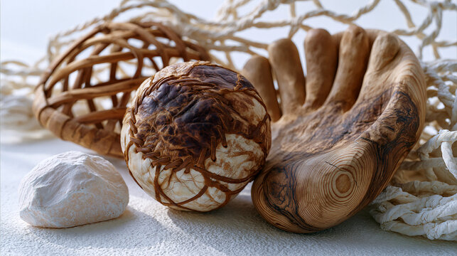 Basque pelota symbolic still life against sterile white background showing hand-sewn leather ball, curved wooden xistera basket glove, chalk score marker and fronton net cord arranged in precise com