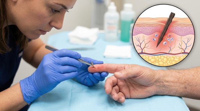 Medical professional removing splinter from patient's finger with tweezers