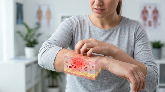 Woman scratching an itchy arm with a visual representation of skin inflammation