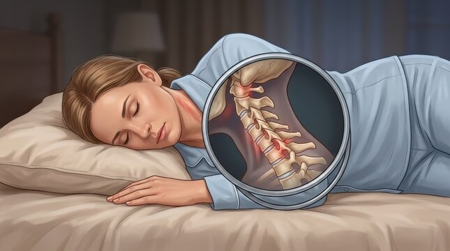 Woman sleeping with neck pain, cervical spine inflammation highlighted