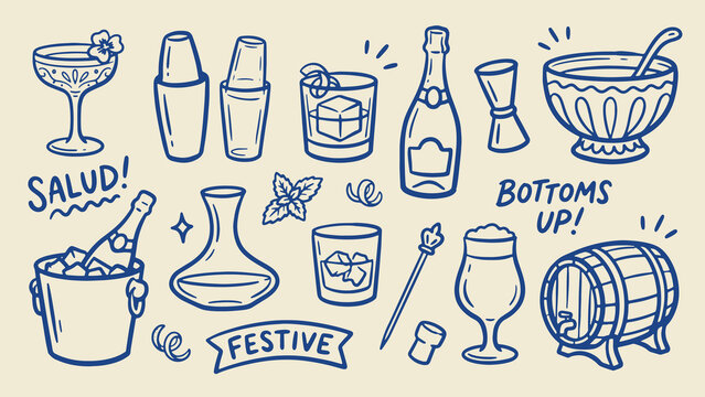 Hand drawn festive drink and celebration icons with playful party theme