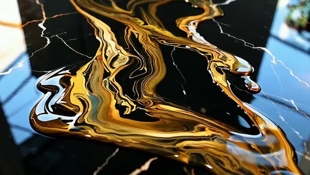 Glossy black marble tabletop with spilled liquid gold epoxy resin creating a luxurious abstract fluid art texture
